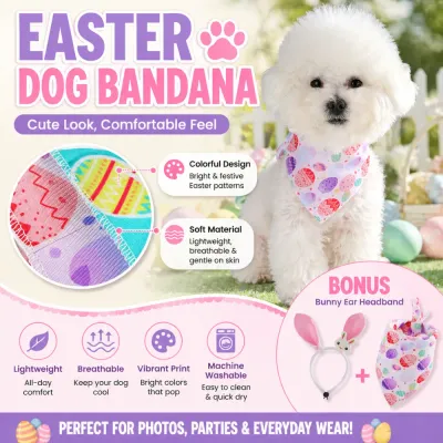 breathable-easter-dog-bandana-features-infographic Infographic highlighting features of the Easter dog bandana including lightweight material, breathable fabric, vibrant print, and machine washable.
