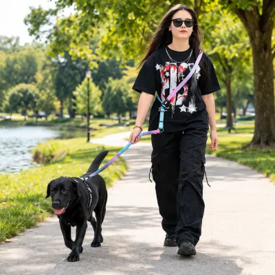 Hands-Free-Dog-Walking-Lifestyle-Park A woman using the blue-pink gradient leash in cross-body mode while walking a black Labrador in a park.