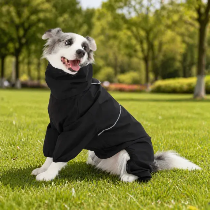 Black Reflective Dog Raincoat for Outdoor Use A happy dog wearing a black full-body waterproof raincoat sitting on green grass in a park.