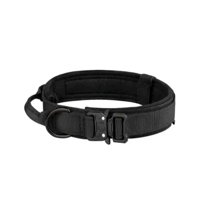 Studio shot of a black nylon tactical dog collar featuring a reinforced control handle and a black metal quick-release buckle.