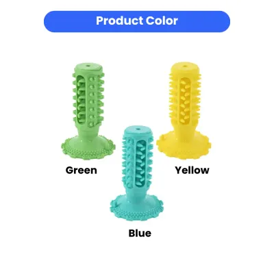 Three dog dental chew toys in green, blue, and yellow colors arranged on a white background.