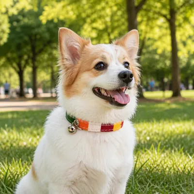 A small dog wearing a colorful bell collar sitting in a sunny park.