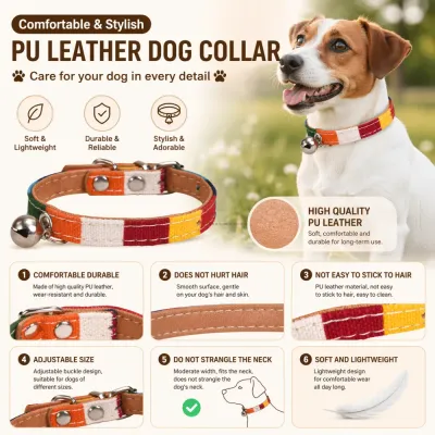 Infographic showing the 6 key benefits of the PU leather dog collar: comfortable, durable, and hair-friendly.