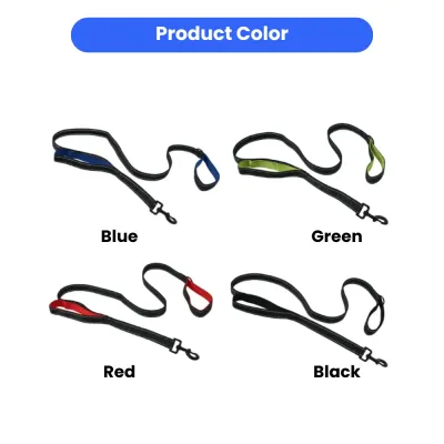 A grid showing four color options for the dog leash: Blue, Green, Red, and solid Black, all with matching padded handles.