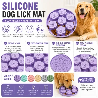 Benefits and Features of Silicone Dog Lick Mat An infographic highlighting features of the dog lick mat: groove design, food-grade silicone, anti-slip suction cups, and dishwasher safe.