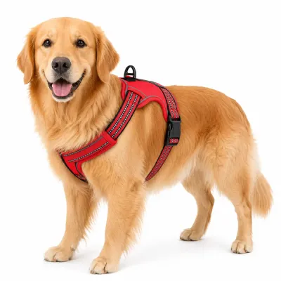 A Golden Retriever wearing a heavy-duty red reflective dog harness with a top handle for control.