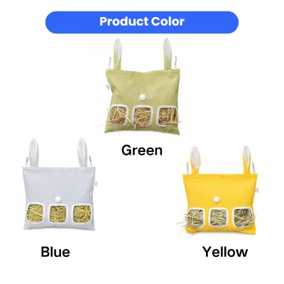 Three different colors of the rabbit hay feeder bag: Green, Blue (light grey), and Yellow, each filled with hay.
