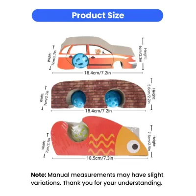 Size details of accordion cardboard cat scratcher toy in car bridge and fish shapes with interactive bell ball for cats