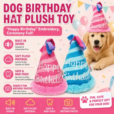 Infographic highlighting features: built-in sound squeaker, soft plush material, safe non-toxic fabric, and perfect for photos.