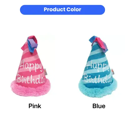 Two plush dog birthday hats shown side-by-side in pink and blue stripes with "Happy Birthday" embroidery.