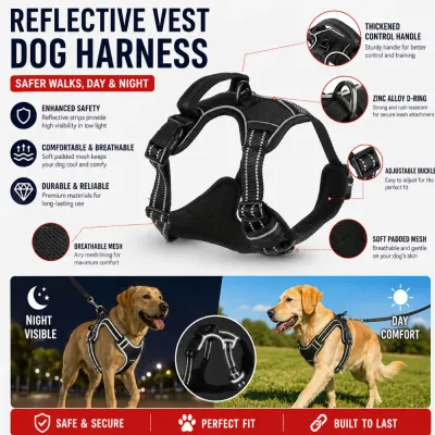 Infographic highlighting zinc alloy D-ring, thickened handle, breathable mesh, and adjustable buckles of the dog harness.