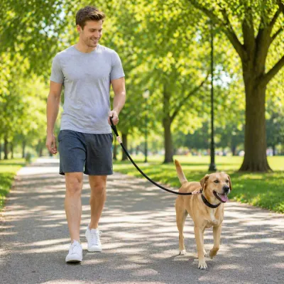 A man walking a Labrador retriever in a park using a heavy-duty black rope slip lead.