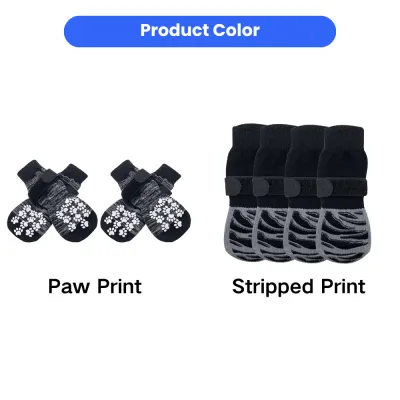 dog-socks-paw-print-striped-patterns Comparison of two dog sock styles: Paw Print pattern and Stripped Print pattern with adjustable straps.