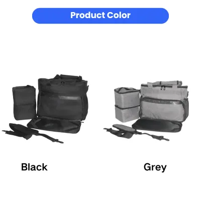 Dog-Travel-Bag-Color-Options-Black-Grey Two pet travel carrier sets shown side-by-side in black and grey colors with matching accessories.