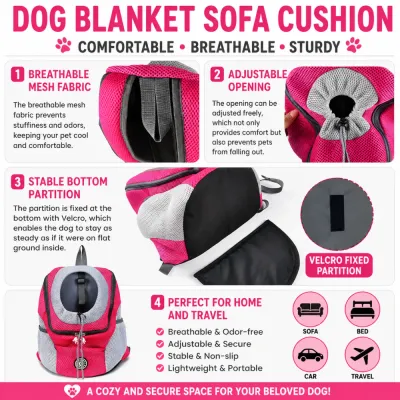 dog-backpack-carrier-features-infographic Infographic showing features of the dog backpack including breathable mesh, adjustable opening, and stable velcro partition.