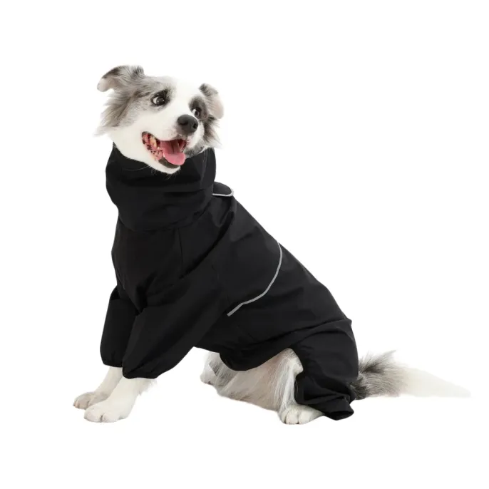 Classic Black Dog Waterproof Jumpsuit A dog wearing a sleek black waterproof raincoat with reflective piping and a high collar.