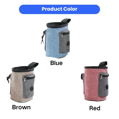 multi-color-pet-training-pouches-wholesale Three pet treat pouches in blue, brown, and red with adjustable waist straps and waste bag dispensers.
