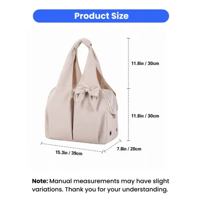 Product dimension chart for pet tote bag showing length 15.3in (39cm), width 7.8in (20cm), and total height 23.6in (60cm).