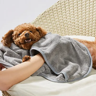 quick-dry-microfiber-towel-for-dogs A small brown dog wrapped comfortably in a soft grey microfiber towel after a bath.