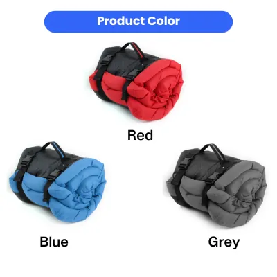 Portable-Dog-Mat-Color-Options Wholesale portable dog mats available in red, blue, and grey colors with roll-up design and carry handles.