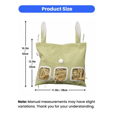 Product dimensions for the hay feeder bag: 11 inches wide, 12.9 inches bag height, and 16.5 inches total height including hanging ears.