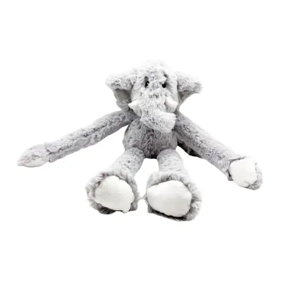 High-resolution isolated view of the grey long-arm elephant dog toy with white tusks and soft fur texture.