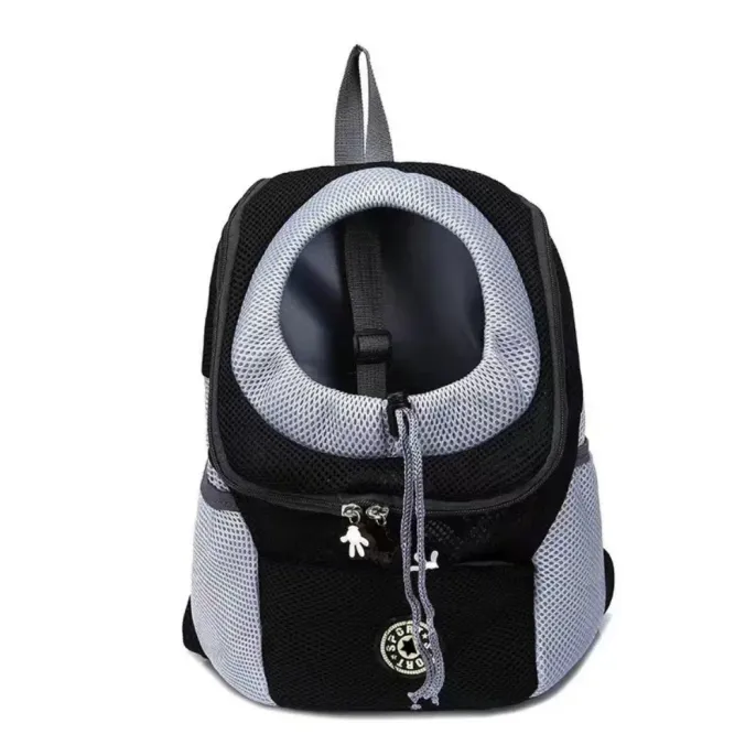 classic-black-pet-backpack-travel-bag A sleek black and grey mesh pet carrier backpack featuring an adjustable drawstring opening.