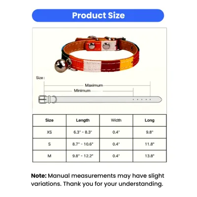 Size chart for pet collars showing dimensions for XS, Small, and Medium sizes in inches.