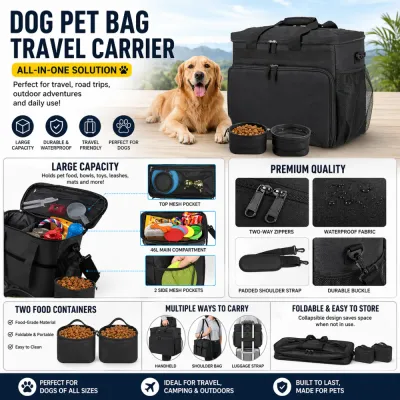 Pet-Travel-Carrier-Features-and-Benefits Infographic highlighting features of the dog travel bag including waterproof fabric, two-way zippers, and multiple carrying ways.