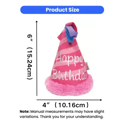 Dimensional diagram showing the dog birthday hat is 6 inches (15.24cm) tall and 4 inches (10.16cm) wide.