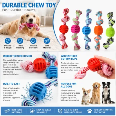 Infographic highlighting features of the dog toy: teeth cleaning, boredom reduction, non-toxic materials, and suitability for all dog sizes.