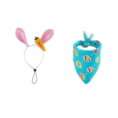 blue-easter-dog-bandana-bunny-ears-set A two-piece Easter dog set featuring a blue patterned bandana and a white plush bunny ear headband with a plush carrot.