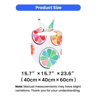 Product size diagram for the fruit dog bandana showing measurements of 15.7 by 15.7 by 23.6 inches (40x40x60 cm).
