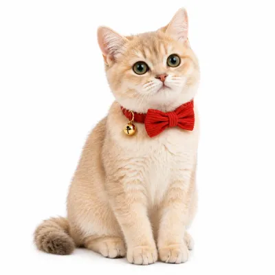 A golden British Shorthair kitten wearing a red corduroy cat collar with a gold bell and bow tie.