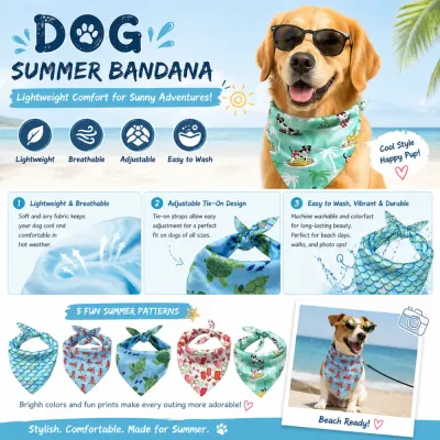 Lightweight and Breathable Dog Summer Bandana Features Infographic highlighting features of dog bandanas: lightweight, breathable, adjustable, and easy to wash with lifestyle photos of dogs at the beach.
