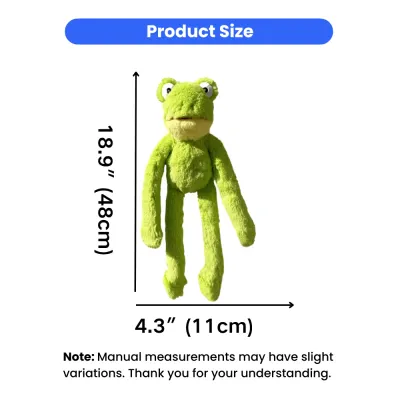 long-armed-frog-dog-toy-size-chart-18-9-inch Size chart of long-armed frog squeaky plush dog toy measuring 18.9 inches long