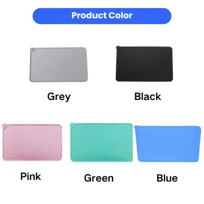 pet-silicone-feeding-mat-available-colors A product color chart showing five available colors for the pet silicone mat: Grey, Black, Pink, Green, and Blue.