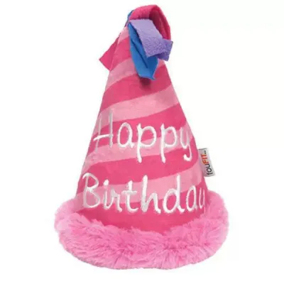 pink-striped-squeaky-dog-birthday-hat Close-up of a pink striped plush dog hat with white "Happy Birthday" embroidery and blue ribbon topper.