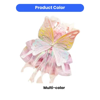 Flat lay view of the multi-color butterfly pet dress showing the iridescent pink mesh and detailed wing embroidery.
