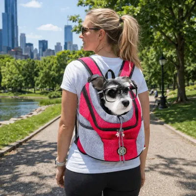 woman-wearing-dog-backpack-carrier-at-park A woman walking in a sunny park wearing a rose-colored pet backpack with a small dog looking out.