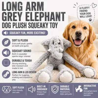 Infographic highlighting features: soft plush material, built-in squeaker, durable stitching, and long-arm design for tugging.