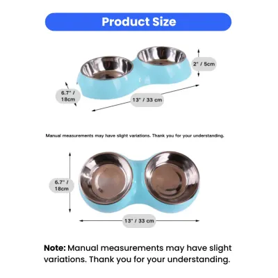 Product dimensions of the double pet bowl showing 33cm length, 18cm width, and 5cm height.
