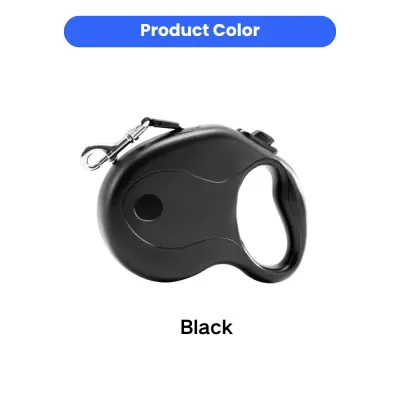 Side view of a classic black retractable dog leash with a chrome-plated swivel hook and ergonomic handle.