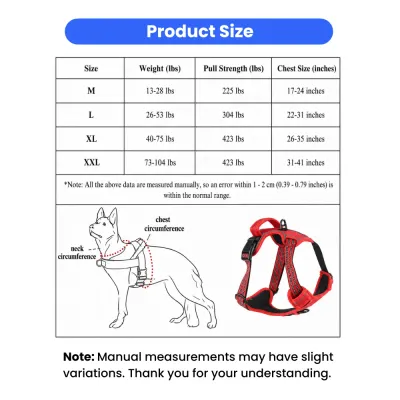 Technical size chart showing weight, pull strength, and chest circumference for sizes M, L, XL, and XXL.