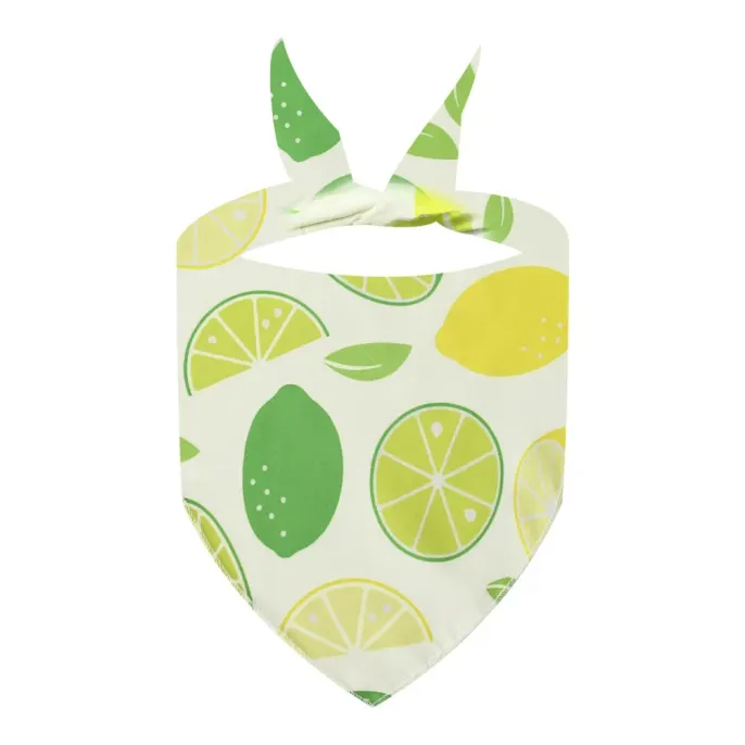 green-lime-and-lemon-dog-bandana Close-up of the "Green" dog bandana featuring refreshing lime slices and whole yellow lemons on a light background.