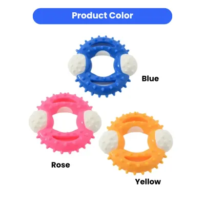 Wholesale-Pet-Teeth-Cleaning-Toys-Multi-Color Three circular dog teething toys displayed in Blue, Rose, and Yellow colors with raised grinding nubs.