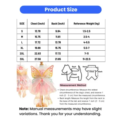 Detailed pet clothing size chart showing chest, back length, and weight reference for dogs and cats, including a measurement guide.