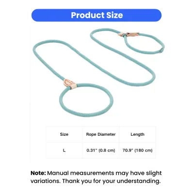 Product dimensions for the L-size dog leash showing a 0.31-inch rope diameter and 70.9-inch length.