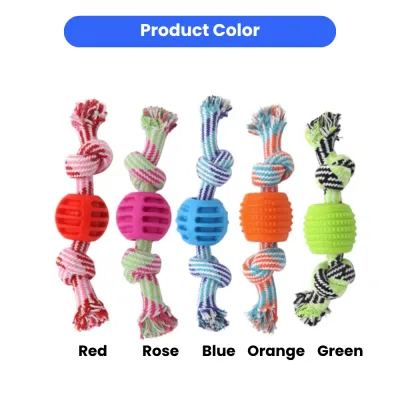 A lineup of five different colored dog rope toys including Red, Rose, Blue, Orange, and Green variants with matching rubber centers.