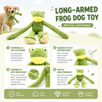 long-armed-frog-dog-toy-durable-squeaky-plush-details Detailed features of long-armed frog squeaky plush dog toy including durable stitching soft plush and built-in squeaker